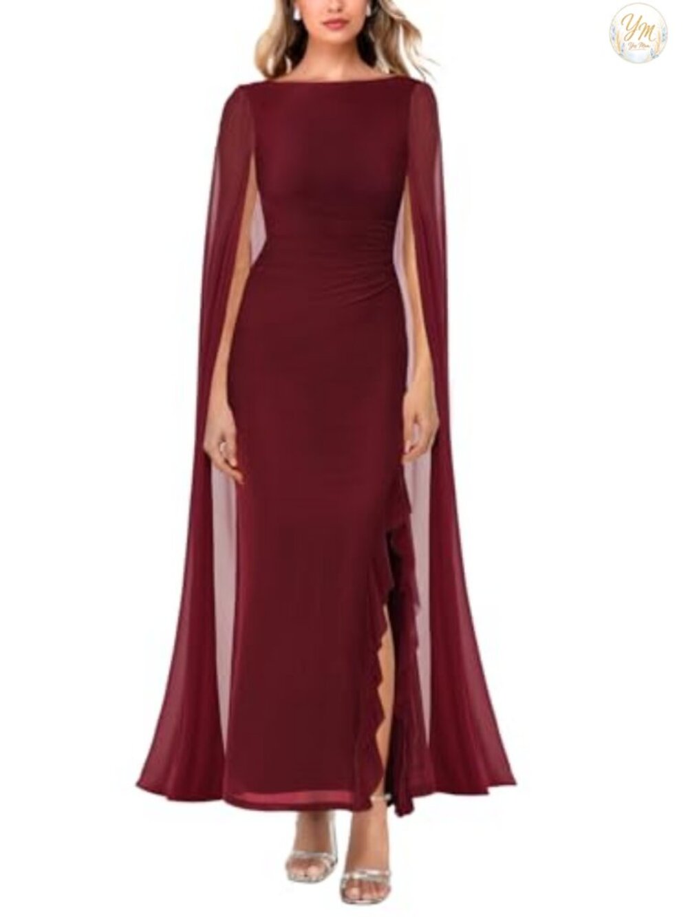 Women's Long Sleeve High Split Mesh Ruched Formal Maxi Dress with Cape